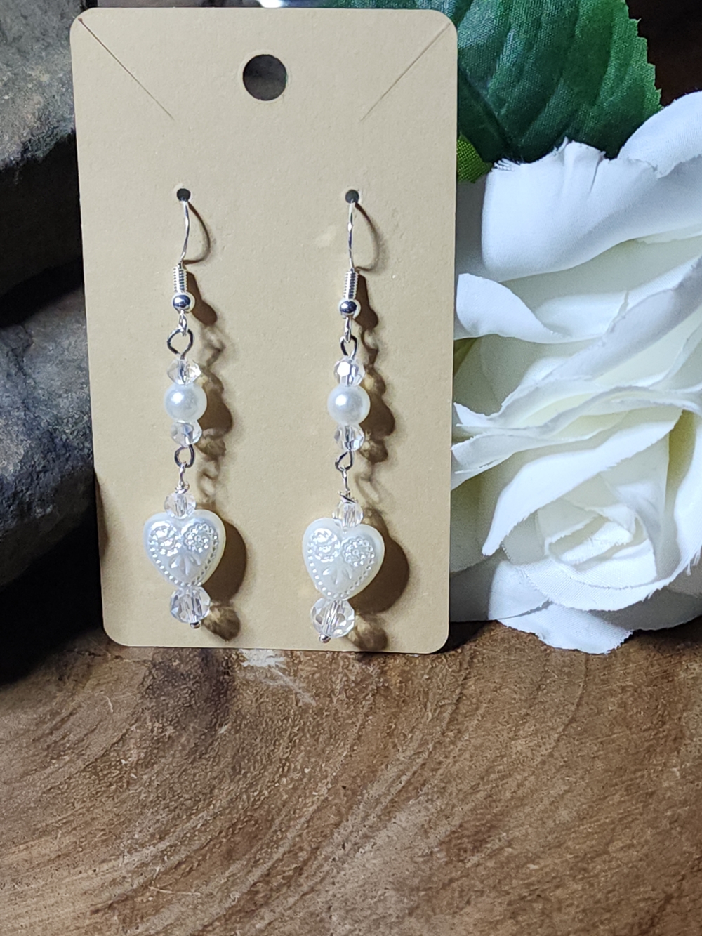 Heart Drop Earrings with Faux Pearls And AB Glass Crystal Beads